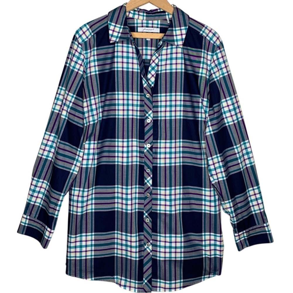 Foxcroft Plaid Button Up Shirt No Iron 20W Navy Blue Teal Purple Shaped Fit Top